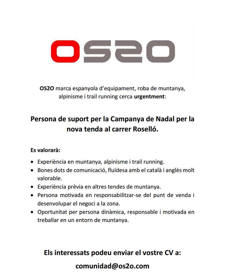 OS2O Barcelona, tienda de montaña en Barcelona, busca personal para su nueva tienda